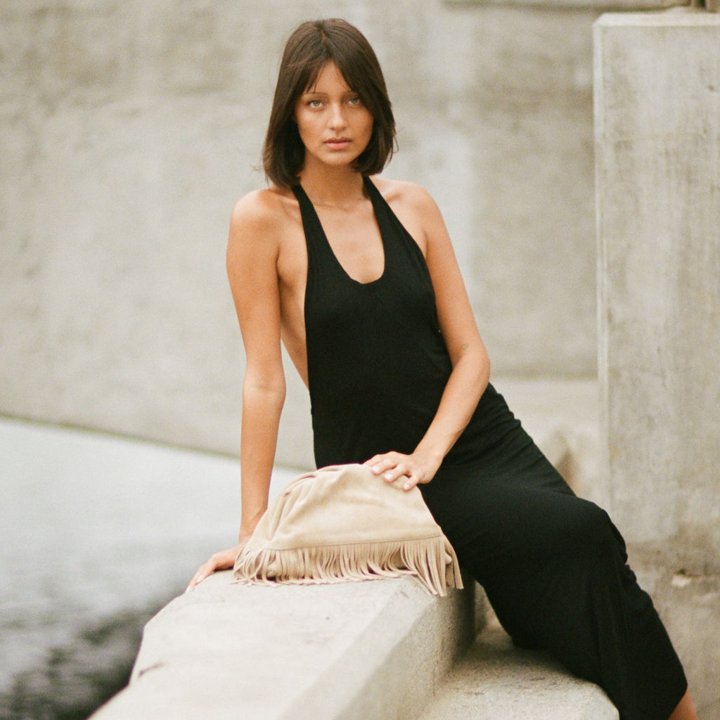 The Plume Clutch in Sand Suede