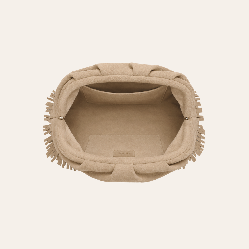 The Plume Clutch in Sand Suede